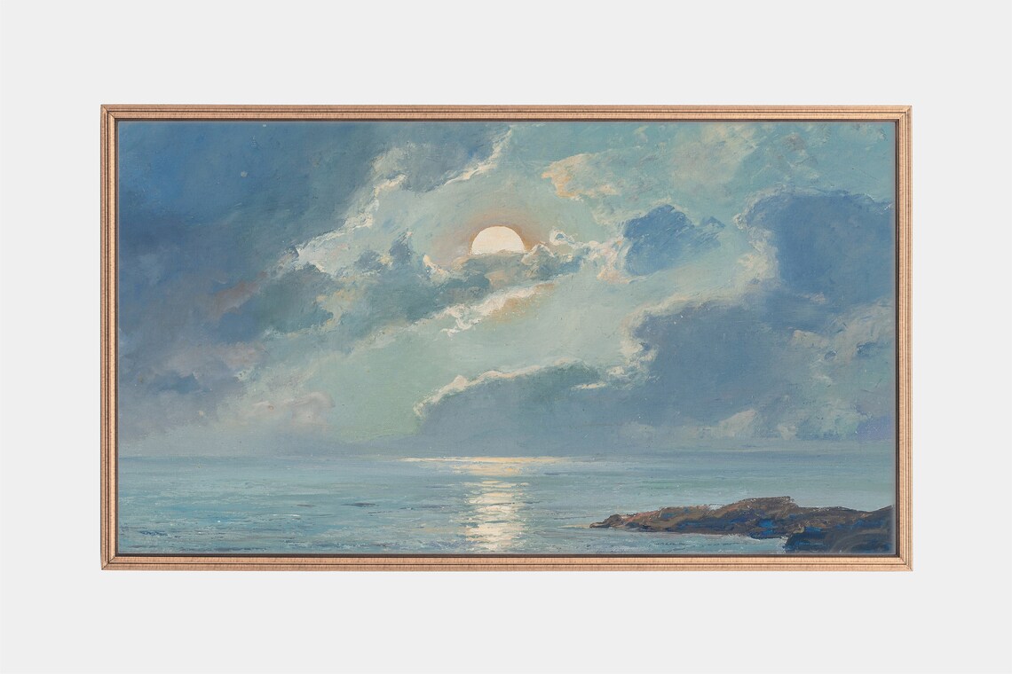 The Risen Moon Sky Vintage Seascape Art Print
