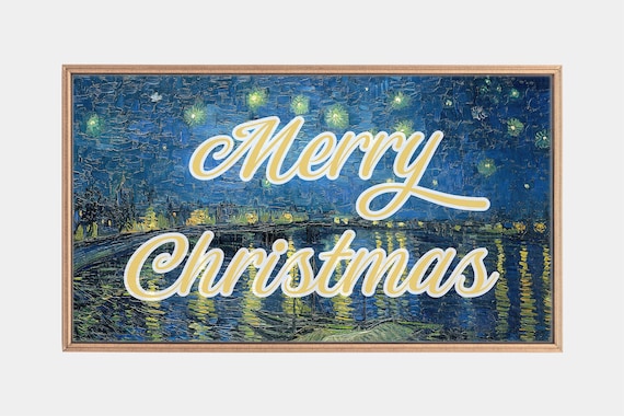 Van Gogh Starry Night Merry Christmas Script Holiday Vintage Art Poster