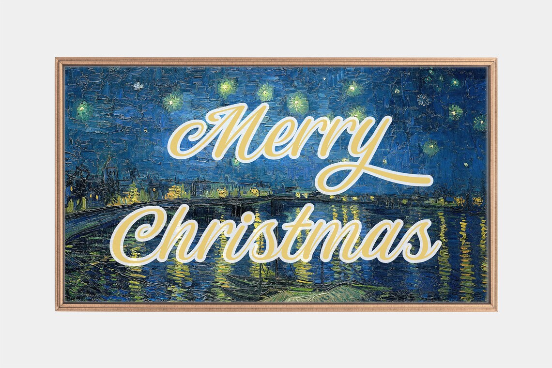 Van Gogh Starry Night Merry Christmas Script Holiday Vintage Art Poster