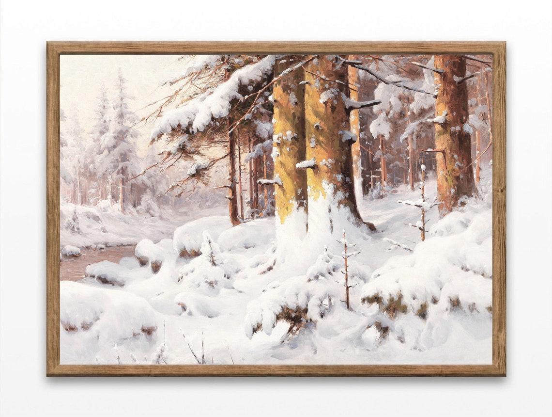 Snowy Pine Forest with Gentle Stream Vintage Winter Forest Poster