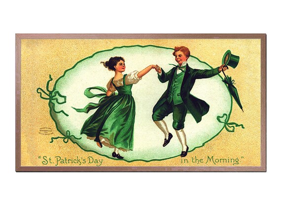 St Patricks Day Dancing Couple Vintage Irish Postcard Wall Art