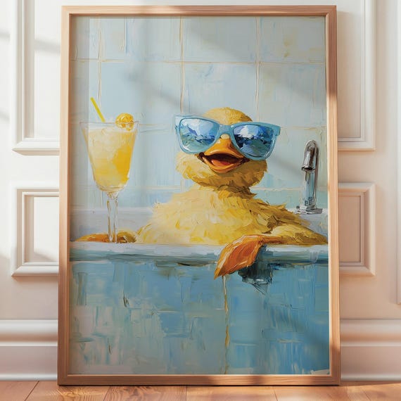 Funny Duck Bathroom Wall Art Quirky Cocktail Print Whimsical Animal Bathtub Artwork Decor