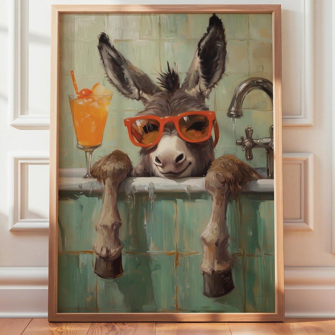 Donkey In Bathtub Sunglasses Funny Bathroom Cocktail Animal Poster