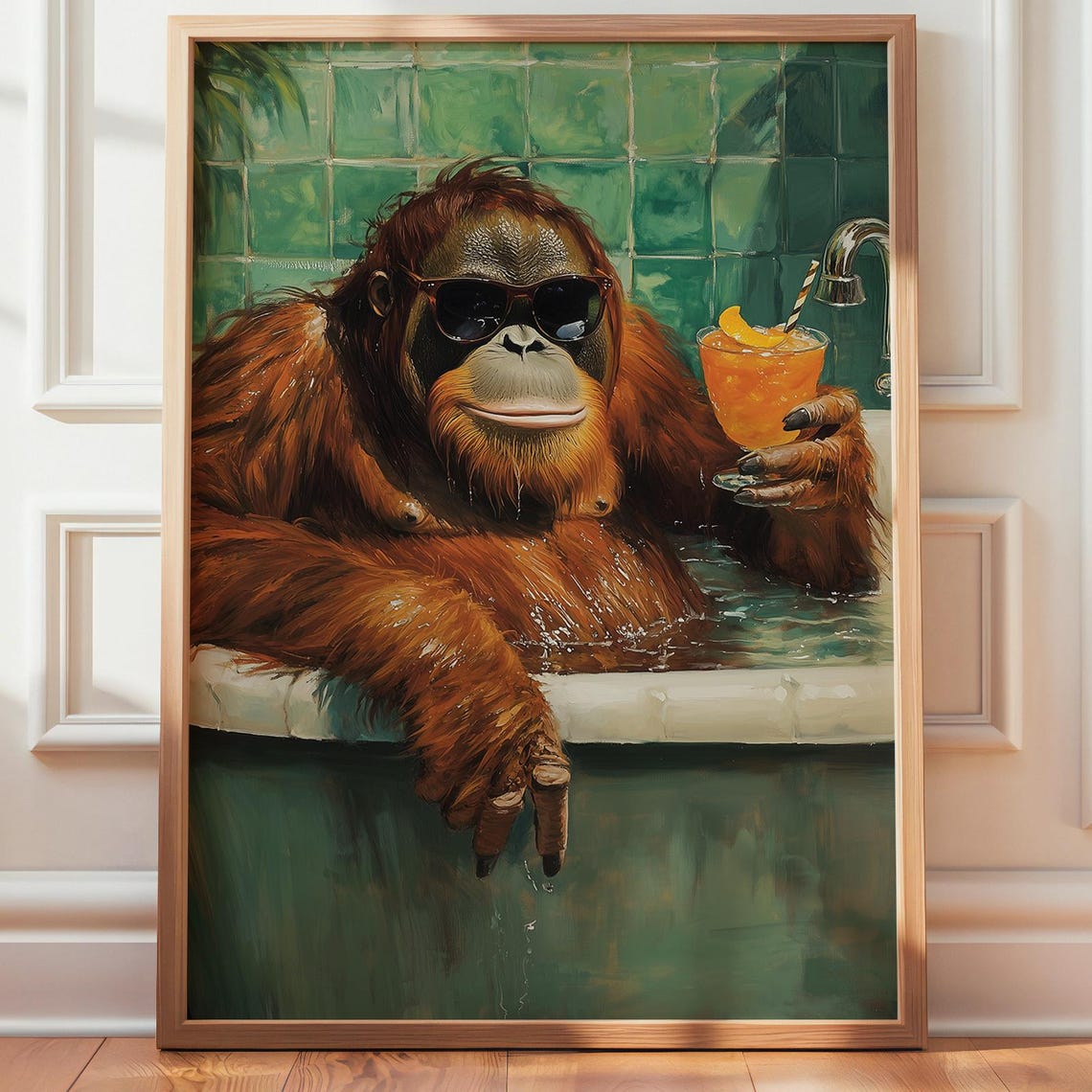 Funny Orangutan Bathroom Wall Art Monkey Cocktail Print Quirky Primate Bathtub Artwork