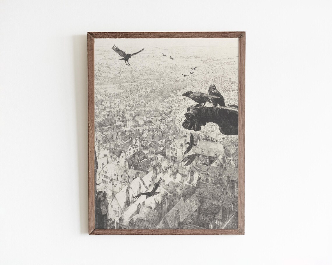 Spooky Gargoyle and Crows Over Old Town Vintage Gothic Wall Art