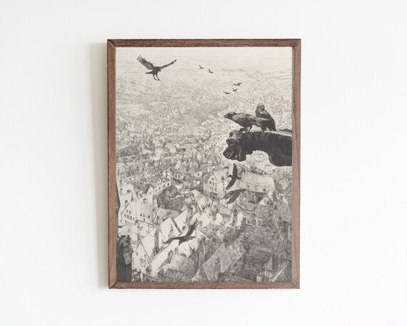 Spooky Gargoyle and Crows Over Old Town Vintage Gothic Wall Art