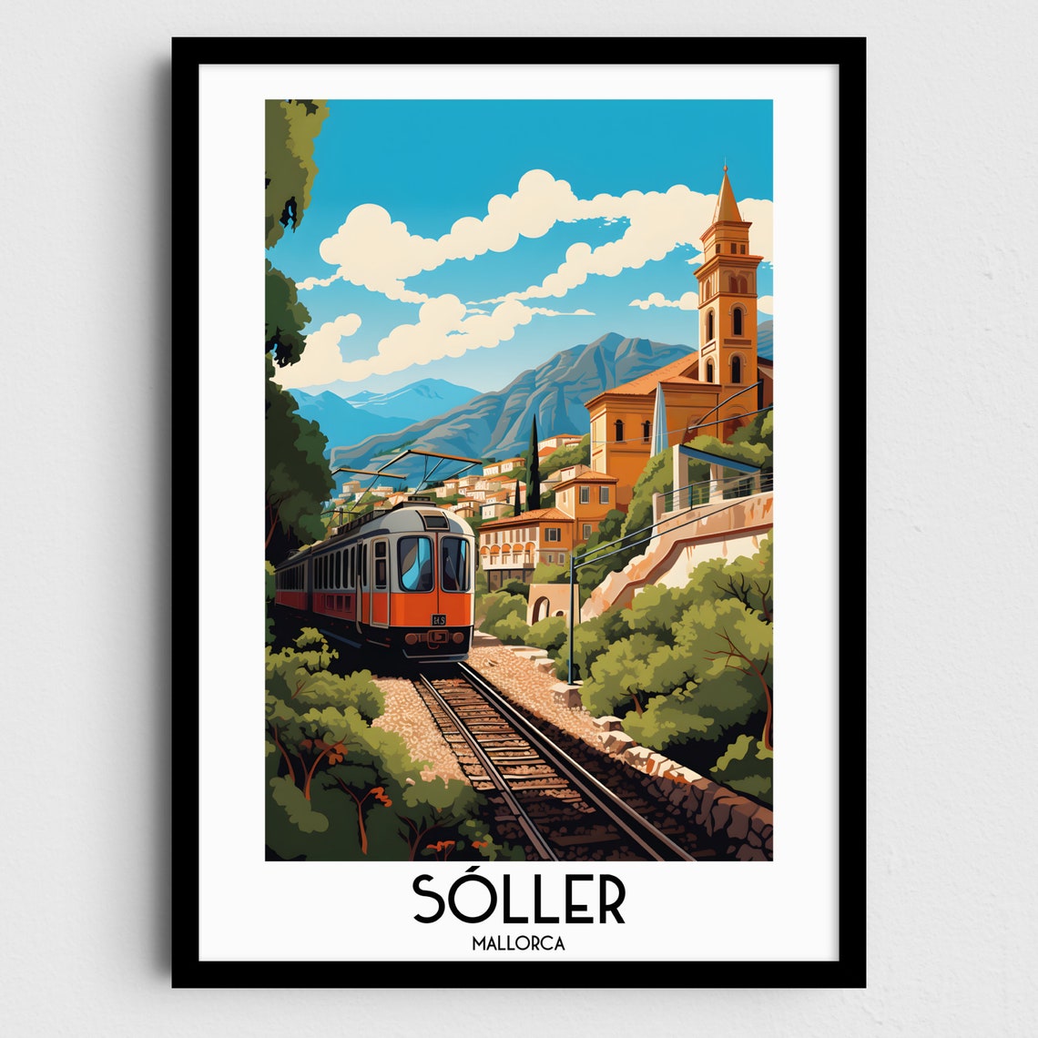 Soller Mallorca Vintage Train Village Mountain Church Day Poster
