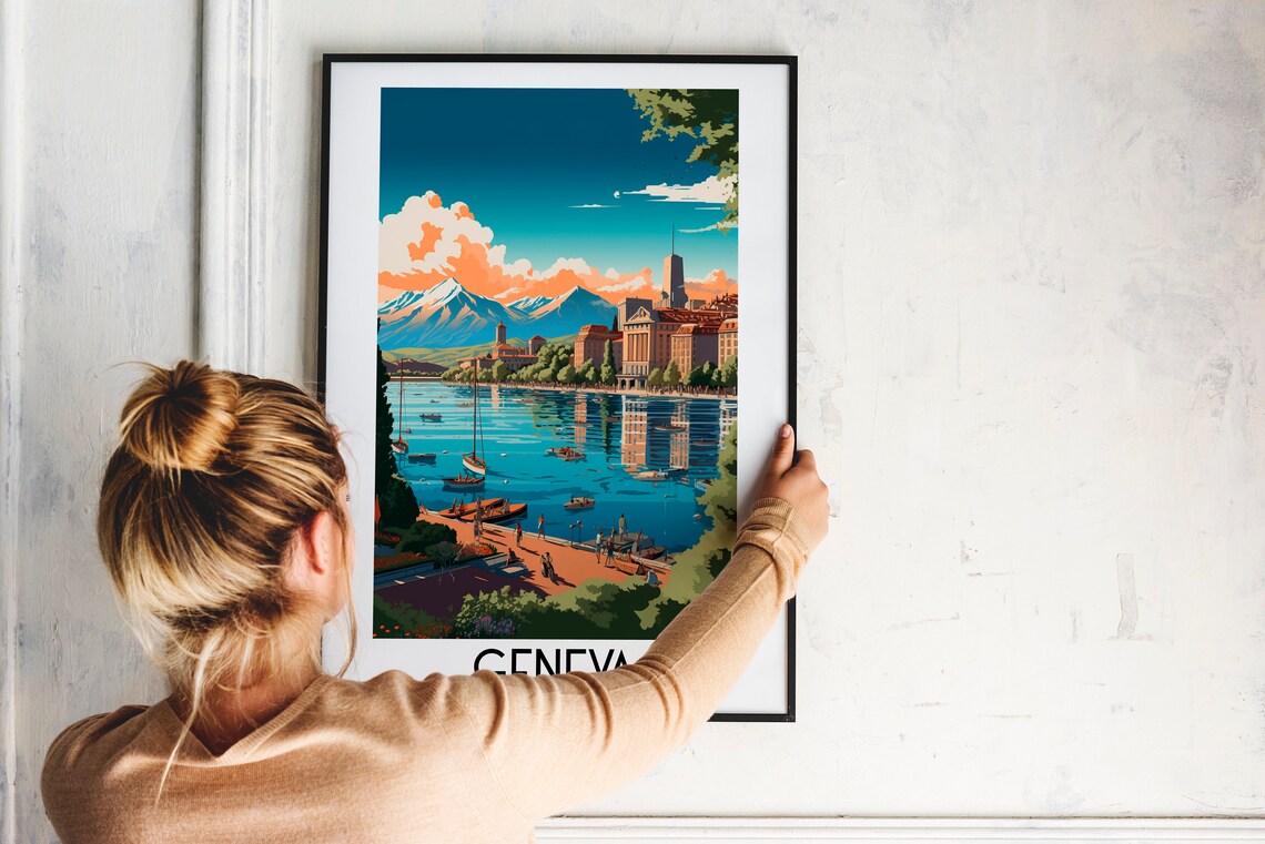 Geneva Switzerland Lakeside Boats Alpine View Vintage Travel Poster - Image 2