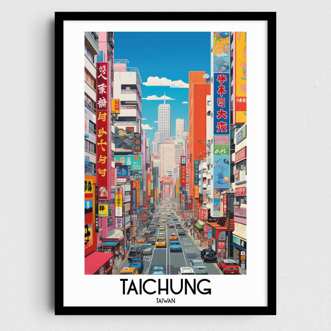 Taichung Taiwan Neon City Street Night Skyline Bustling Travel Poster