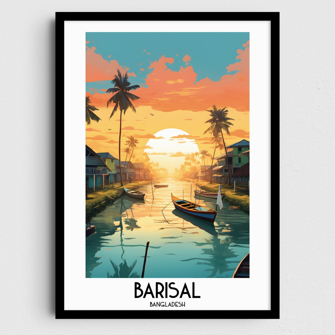 Barisal Bangladesh River Boats Palm Trees Sunset View Poster