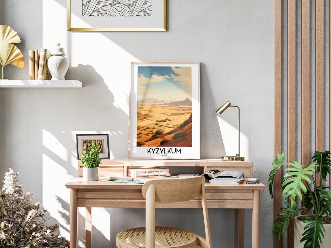Kyzylkum Desert Endless Golden Sand Dunes Blue Mountains Travel Poster - Image 3