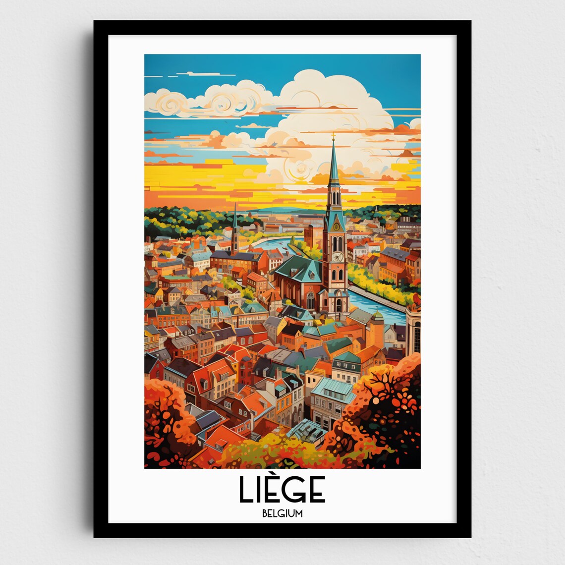 Liège Belgium Historic Church Tower City Sunset Panorama Poster