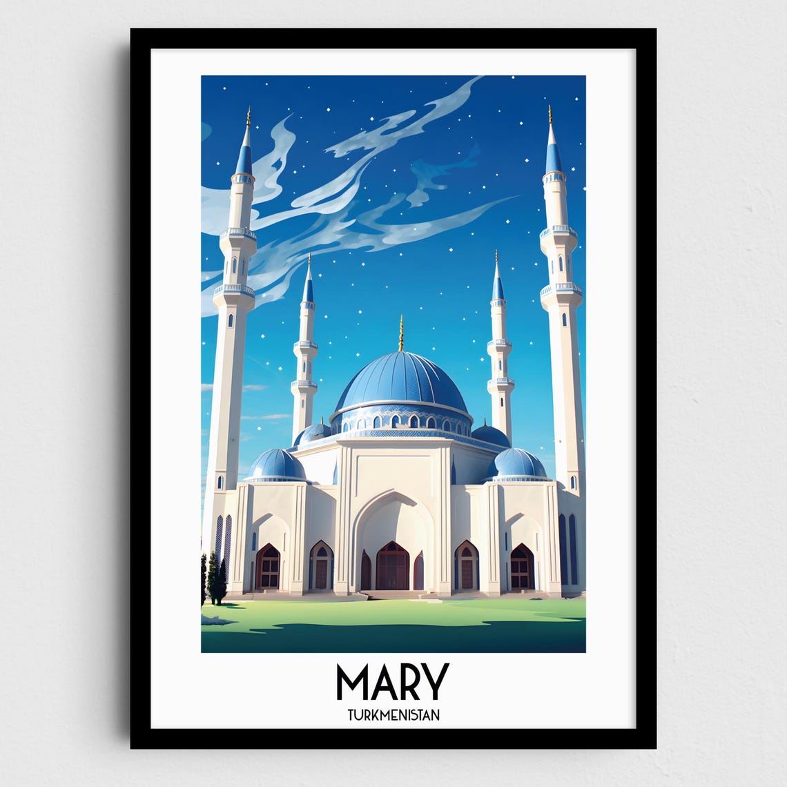 Mary Turkmenistan Blue Dome Mosque Islamic Minarets Travel Poster