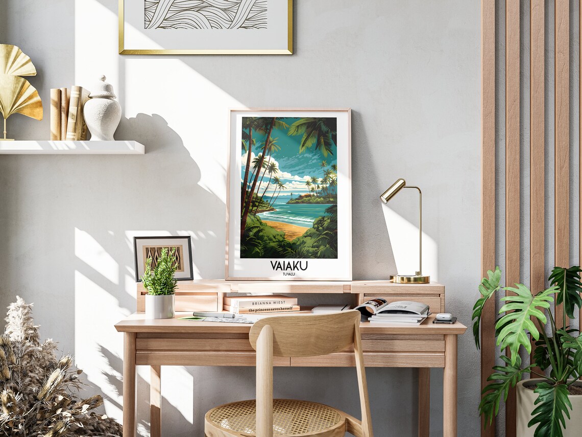 Vaiaku Tuvalu Palm Framed Golden Beach Surf Island Travel Poster - Image 3