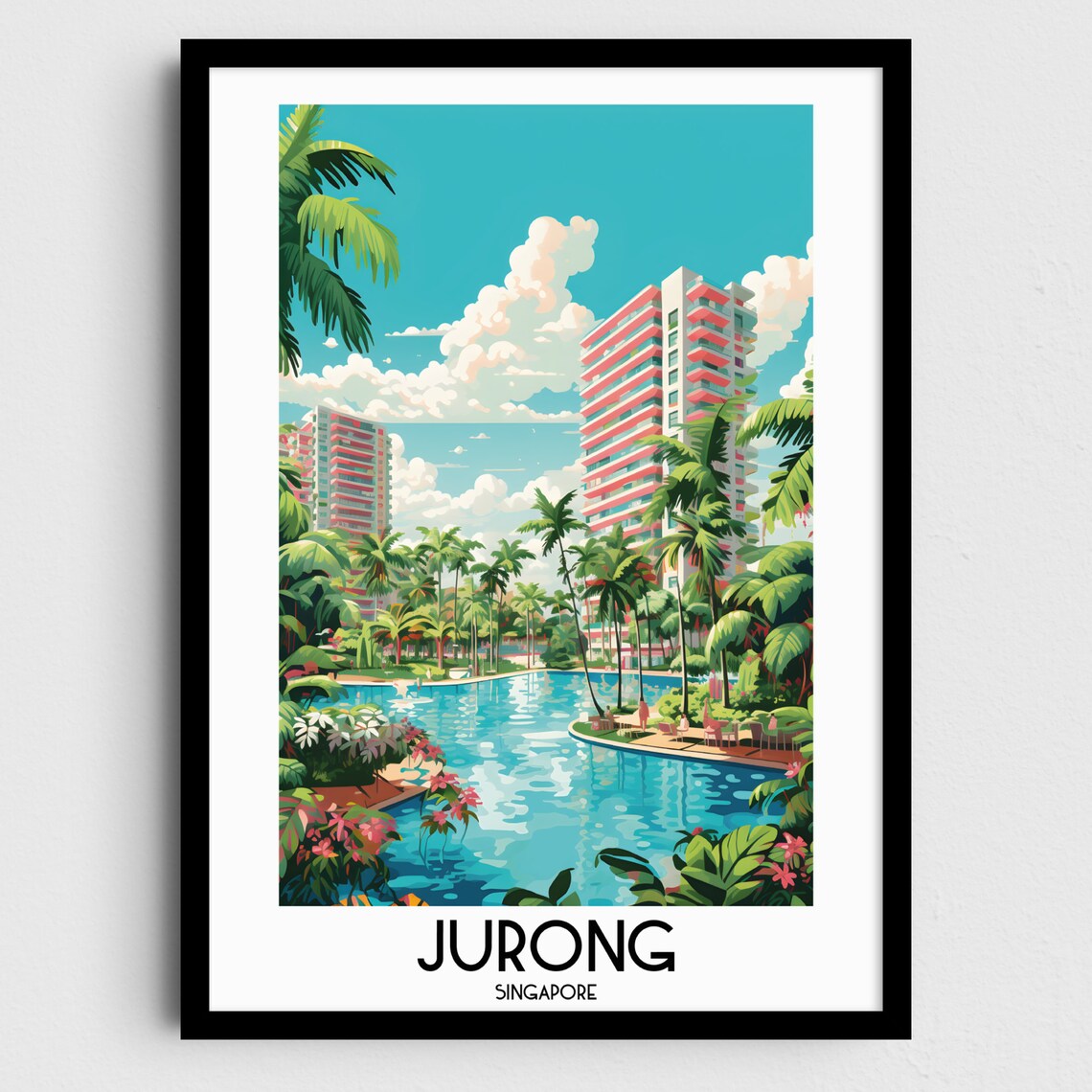 Jurong Tropical Resort Pool Tall Palm Trees Singapore Travel Poster