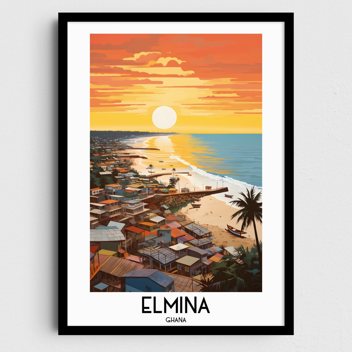 Elmina Coastal Fishing Town Beach Boats Sunset Ghana Travel Poster