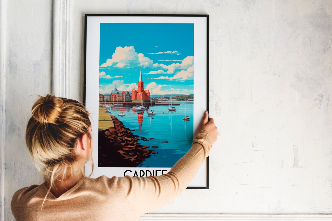 Cardiff Wales Harbor Waterfront Church Sailboats Scenic Travel Poster - Image 2