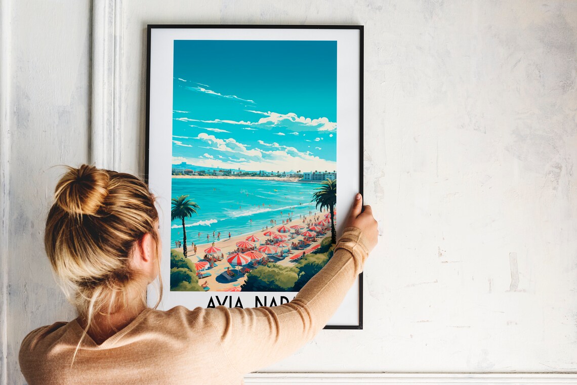 Ayia Napa Cyprus Turquoise Beach Red Umbrellas Travel Poster - Image 2