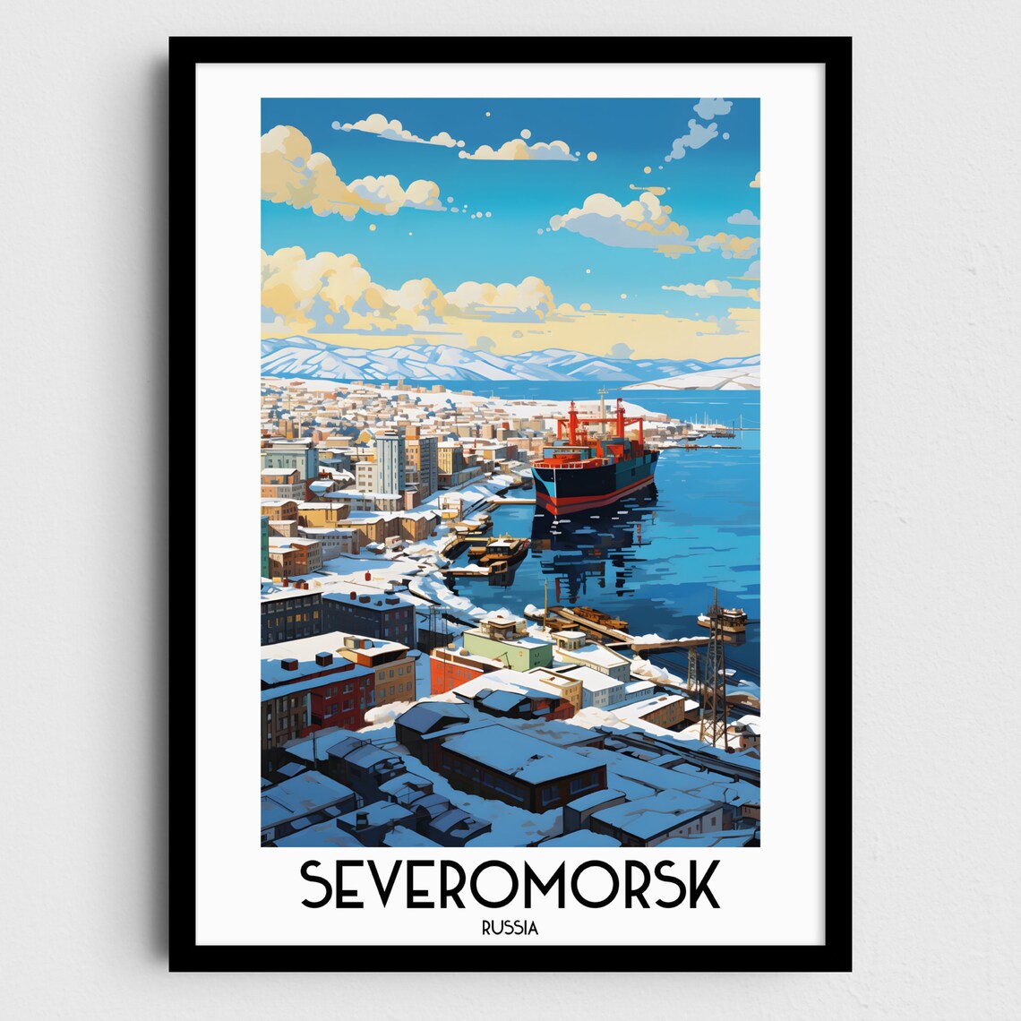 Severomorsk Snowy Arctic Harbor Cargo Ship Russia Travel Poster