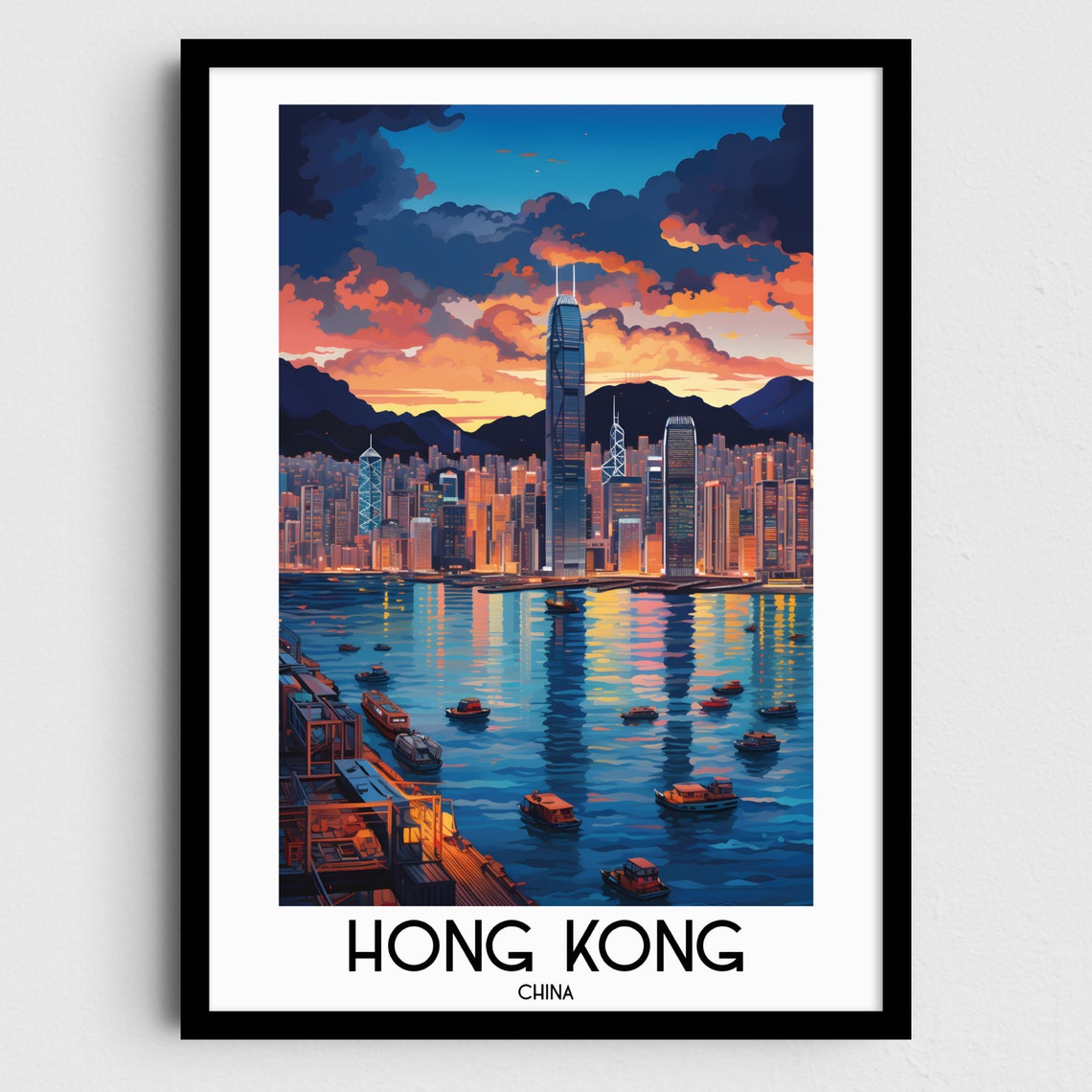 Hong Kong China Victoria Harbour Skyline Sunset Night Lights Poster