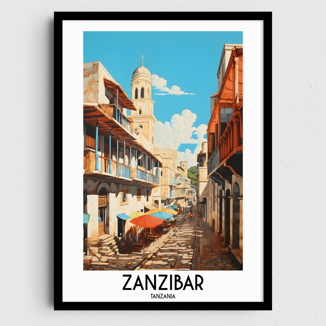 Zanzibar Tanzania Stone Town Street Church Tower Vintage Travel Poster