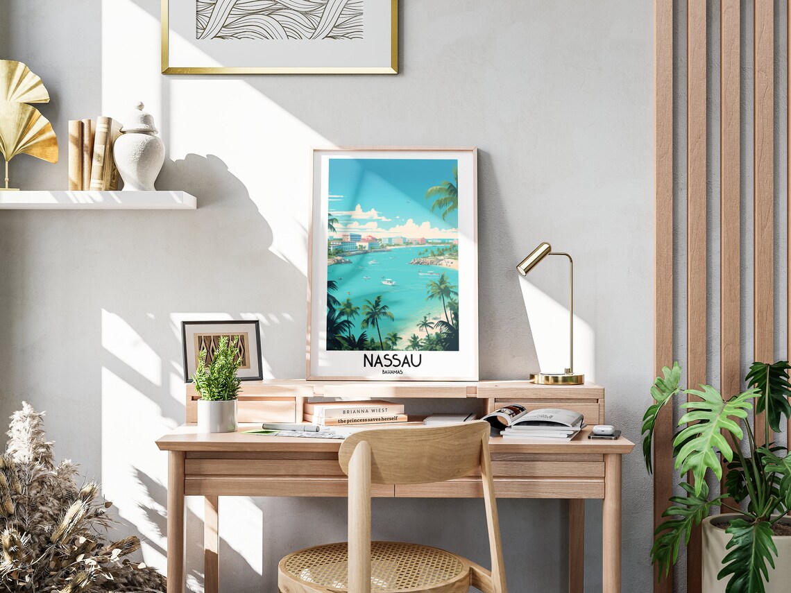 Nassau Turquoise Harbor Sailboats Palm Beach Bahamas Vintage Poster - Image 3