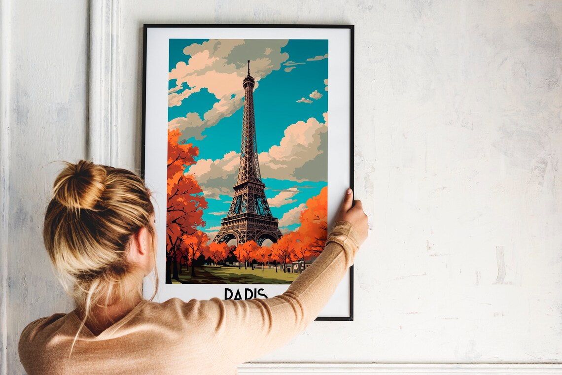 Paris France Eiffel Tower Autumn Trees Vintage Travel Art Poster - Image 2