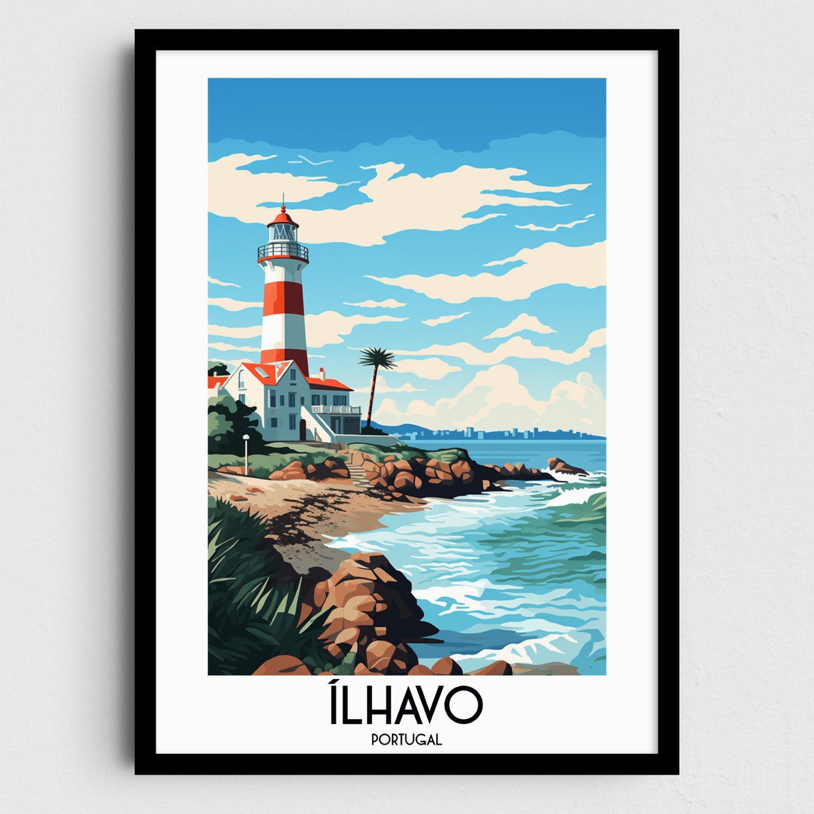 Ilhavo Portugal Striped Lighthouse Rocky Coast Vintage Travel Poster