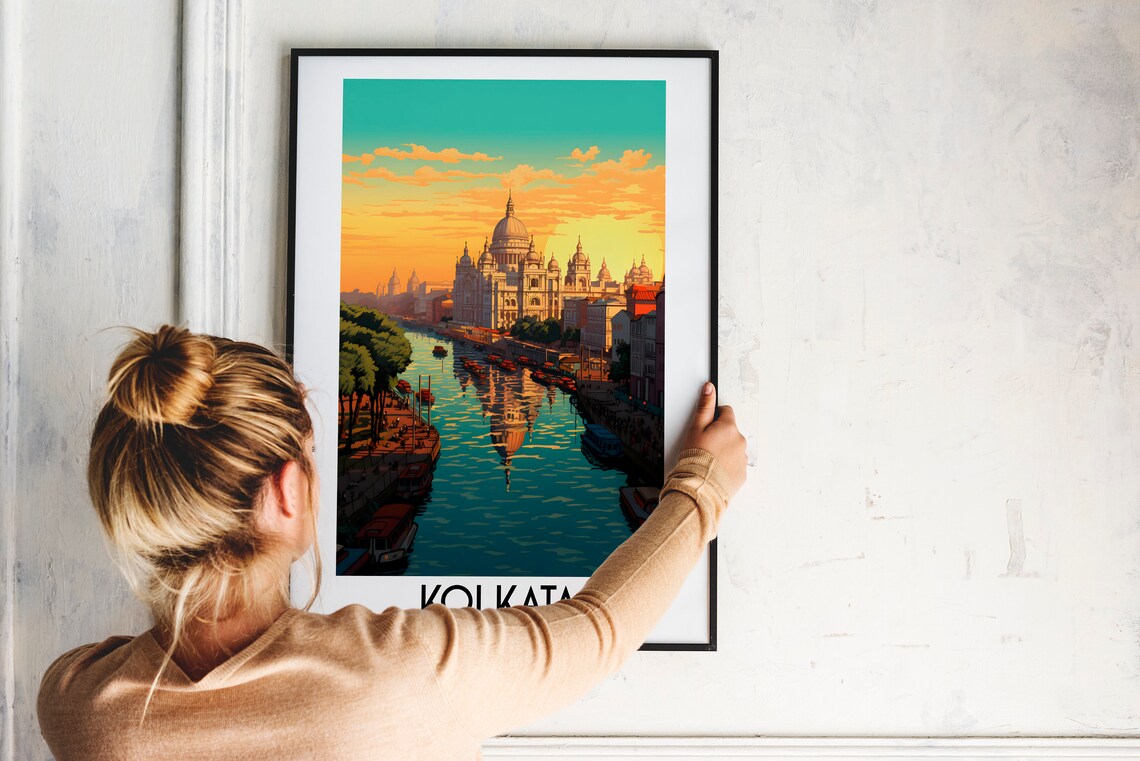 Kolkata India Riverfront Historic Buildings Sunset Travel Poster - Image 2
