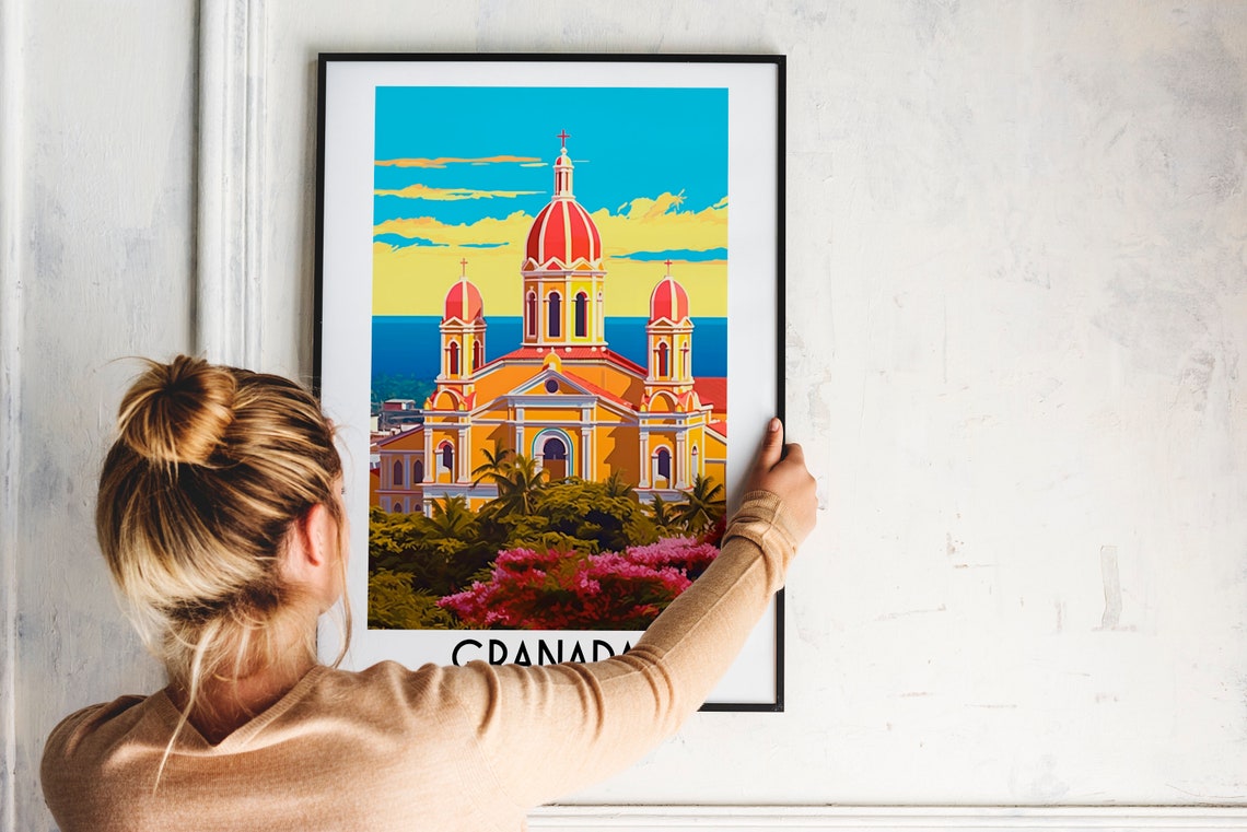 Granada Nicaragua Colonial Cathedral Lakeside Travel Art Poster - Image 2
