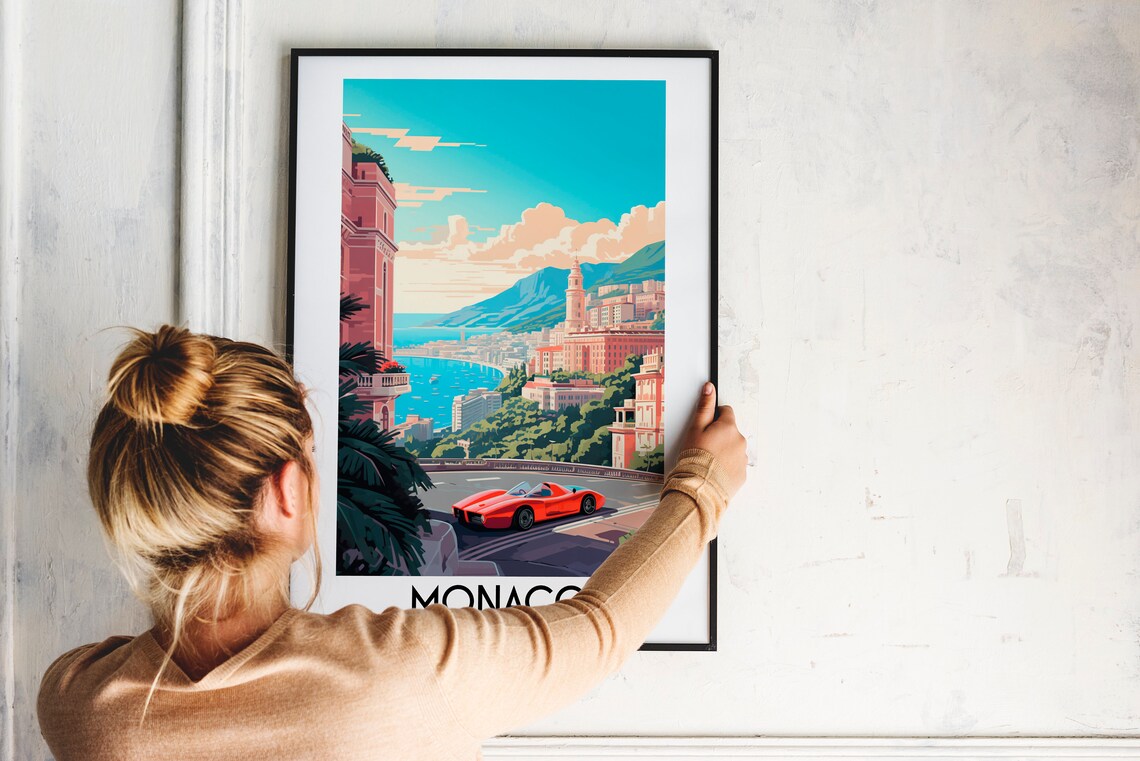 Monaco Harbor View Red Sports Car French Riviera Vintage Travel Poster - Image 2