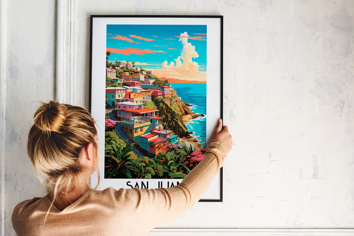 San Juan Puerto Rico Colorful Hillside Houses Ocean View Travel Poster - Image 2