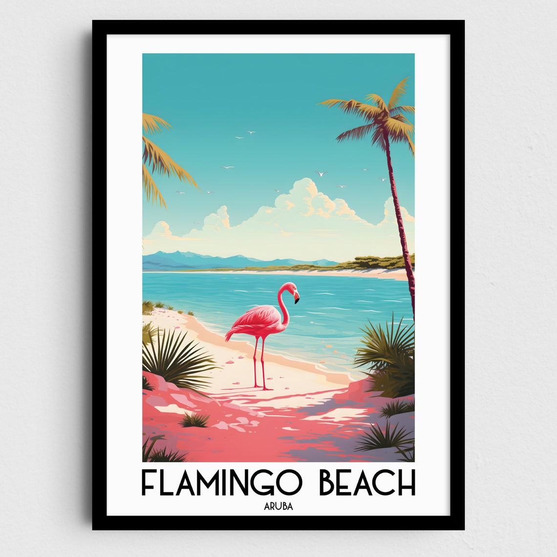 Flamingo Beach Aruba Pink Flamingo on the Turquoise Sand Poster