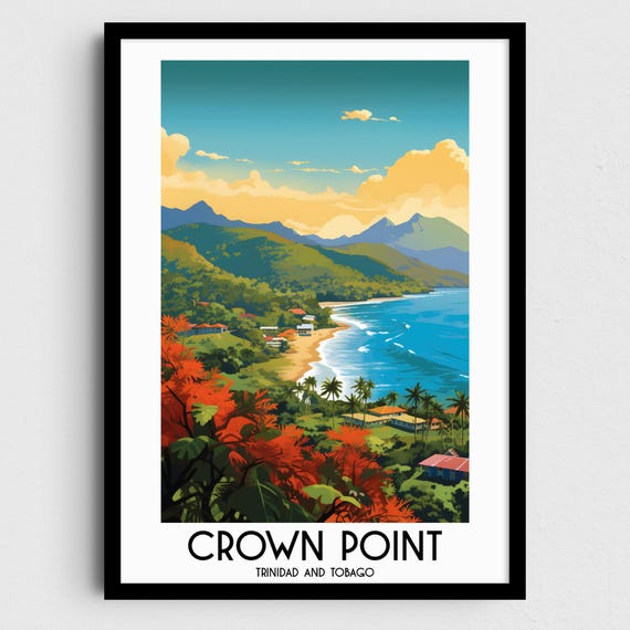 Crown Point Trinidad Tobago Coast Beach Palms Hills Travel Poster