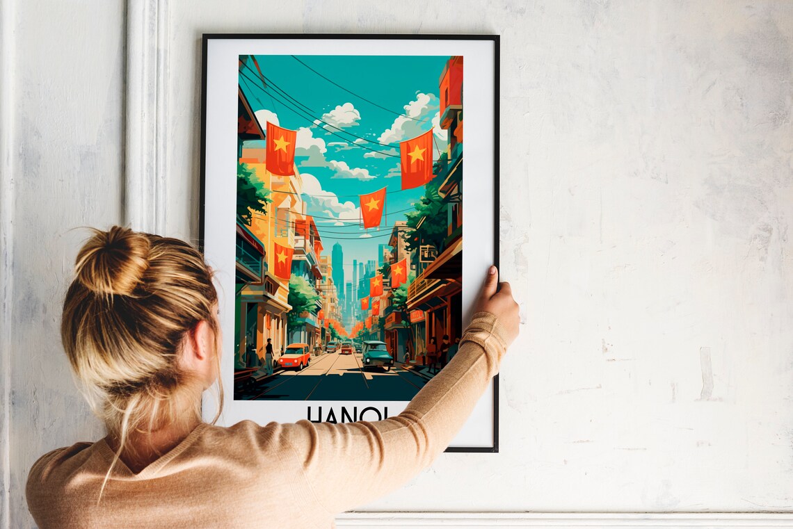Hanoi Vietnam Flag-Lined Old Street Bustling City Scene Travel Poster - Image 2
