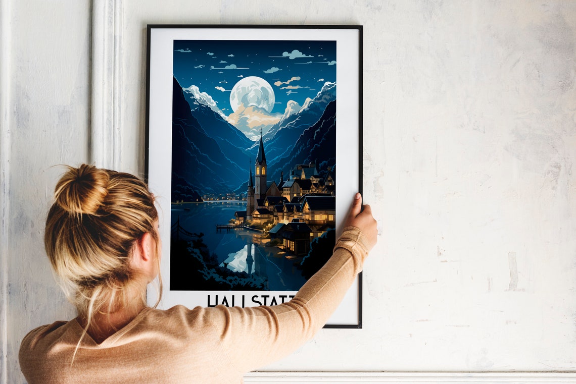 Hallstatt Austria Moonlit Alpine Village Lake Night Travel Poster - Image 2