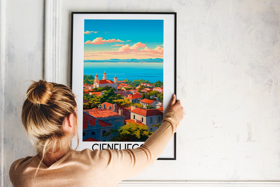 Cienfuegos Red Tile Roofs Twin Church Towers Blue Bay Cuba Travel Poster - Image 2