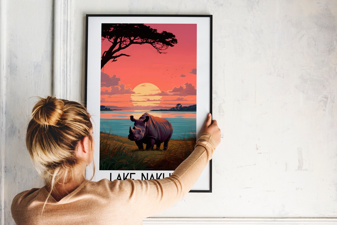 Lake Nakuru Kenya Rhino Sunset Lake Shore Wildlife Travel Poster - Image 2