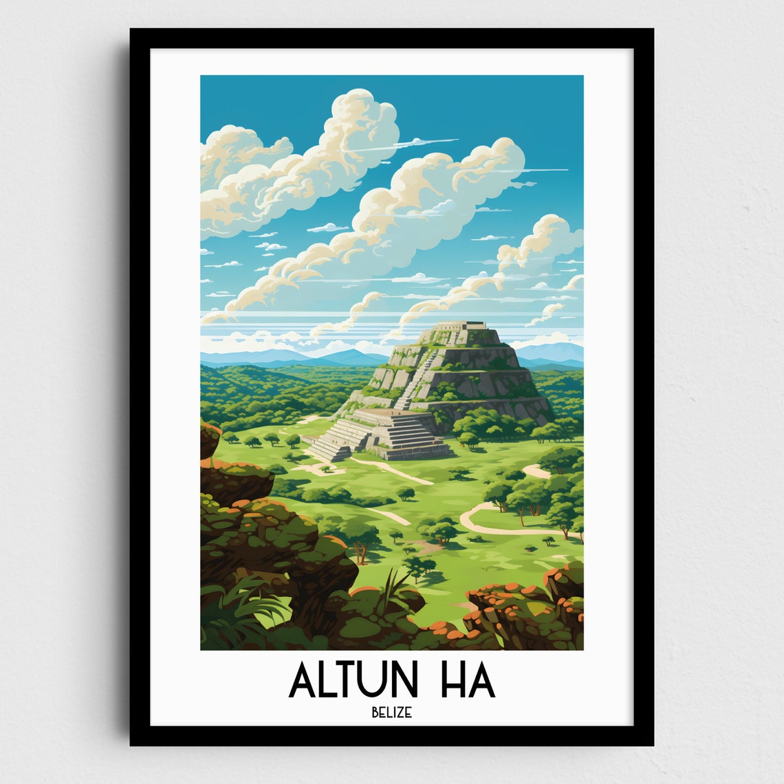 Altun Ha Belize Ancient Maya Pyramid Jungle Ruins Scene Poster