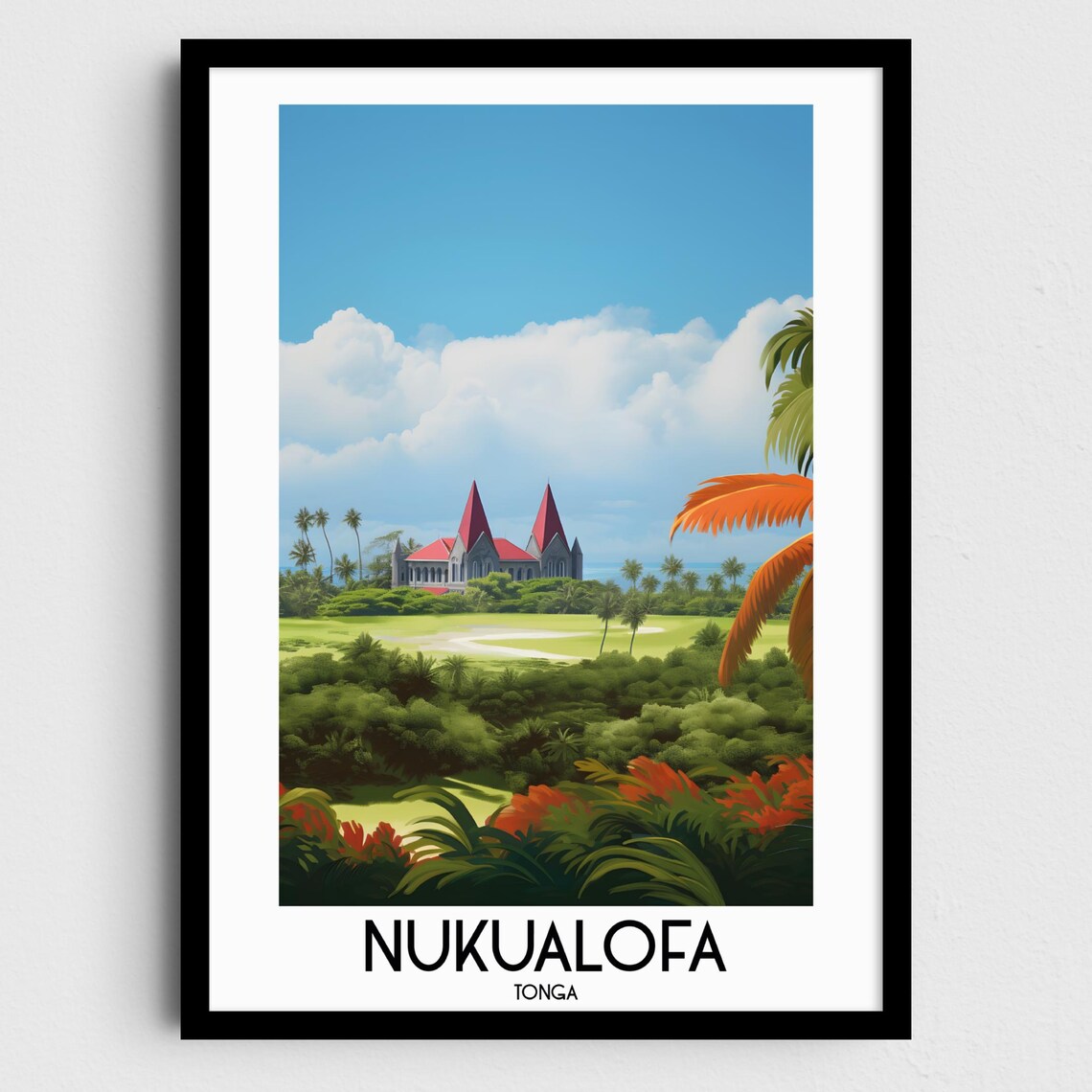 Nuku'alofa Tonga Twin Spire Church Palms Tropical Island Travel Poster