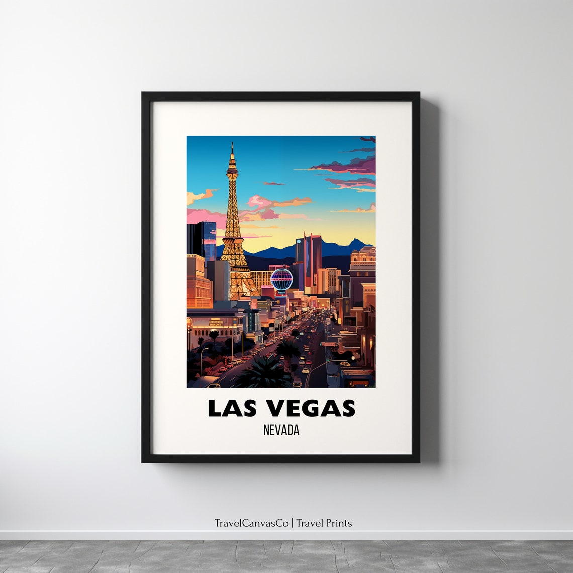 Las Vegas Nevada Strip Eiffel Tower Sunset Vintage Travel Poster