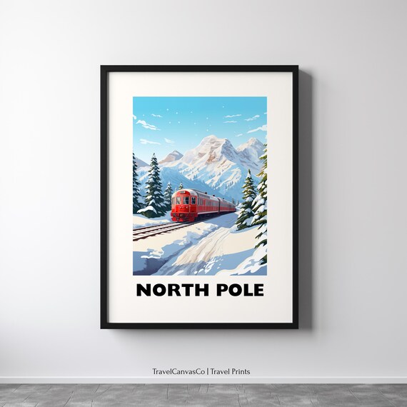 North Pole Red Train Snowy Mountain Winter Christmas Holiday Travel Poster