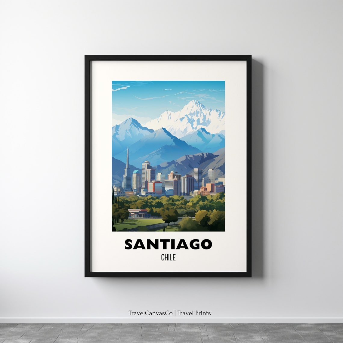 Santiago Chile Andes Mountains Modern City Skyline Travel Poster