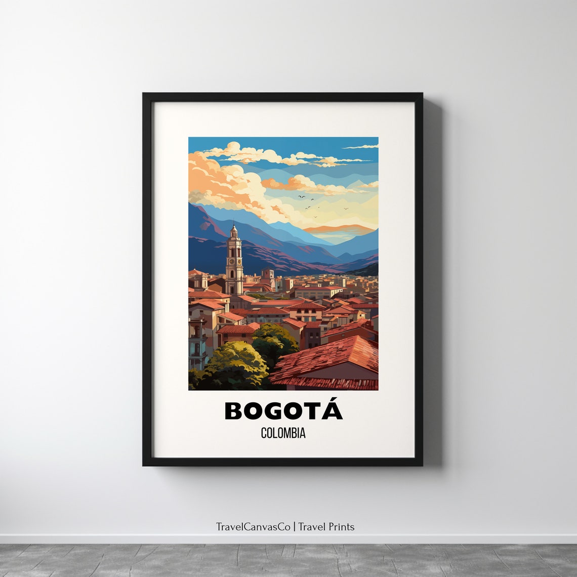 Bogota Colombia Old Town Rooftops Mountains Vintage Travel Poster