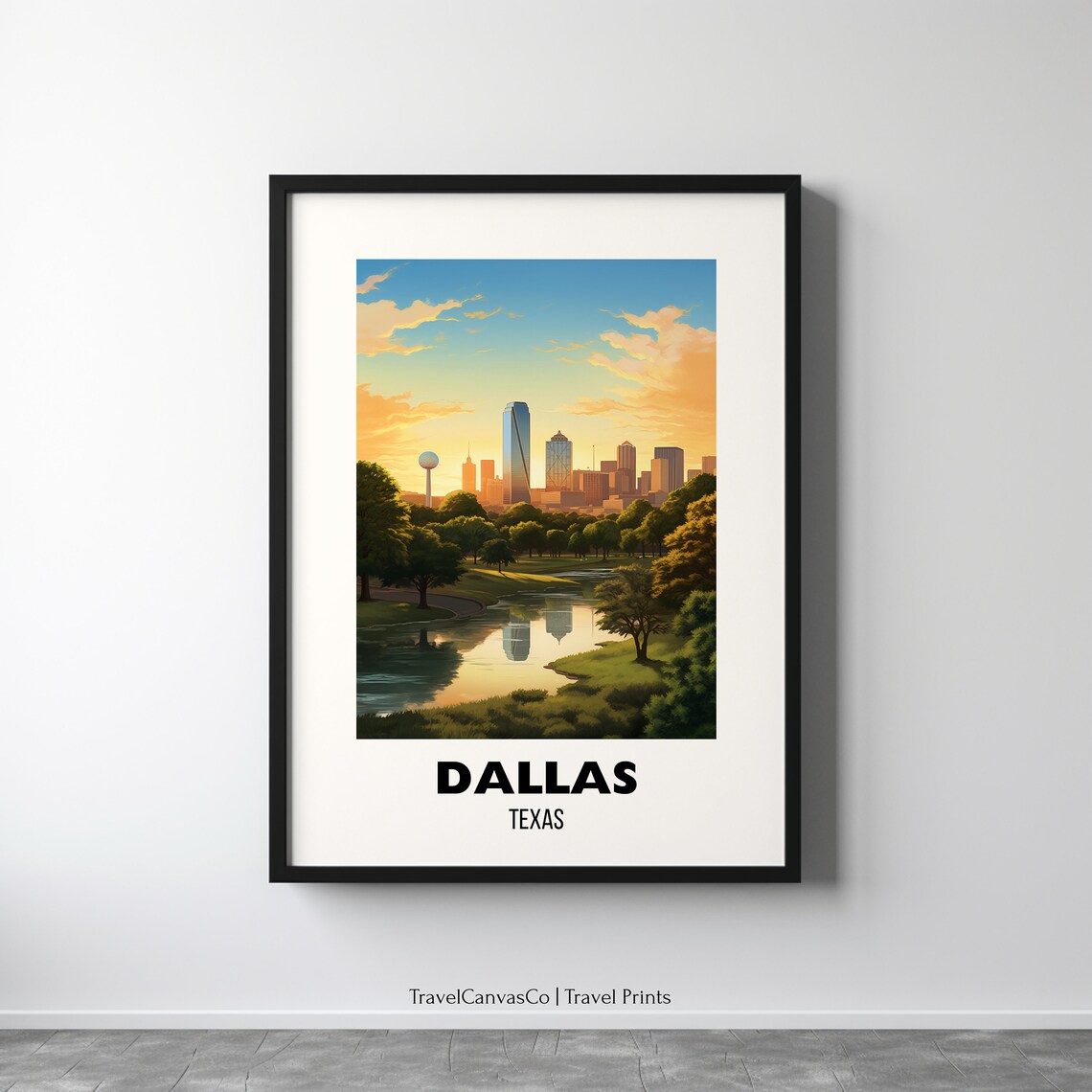 Dallas Texas Sunrise Skyline Lakeside Park City Travel Poster