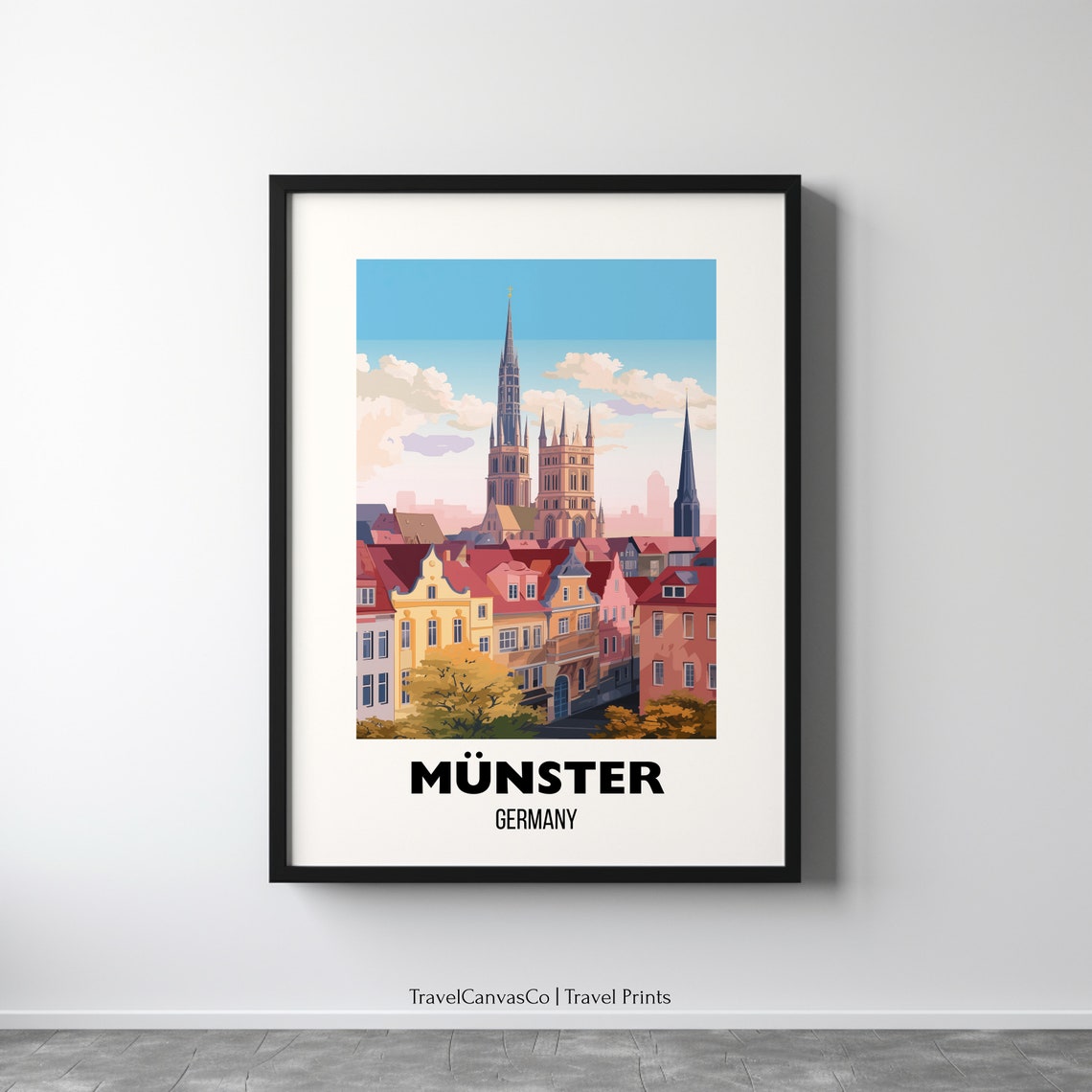 Münster Germany Cathedral Old Town Rooftops Vintage Travel Poster