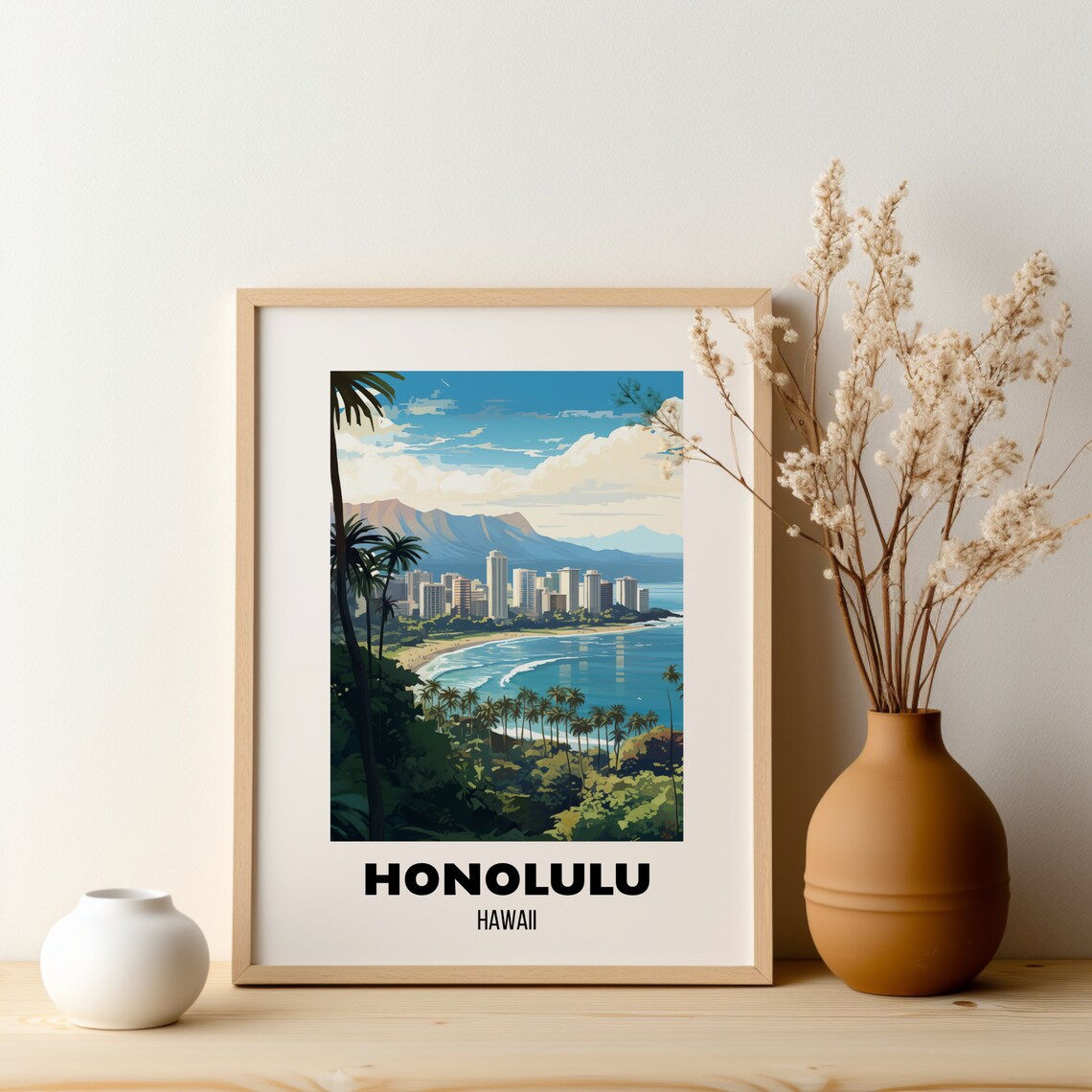 Honolulu Hawaii Waikiki Skyline Diamond Head Bay Travel Poster - Image 2