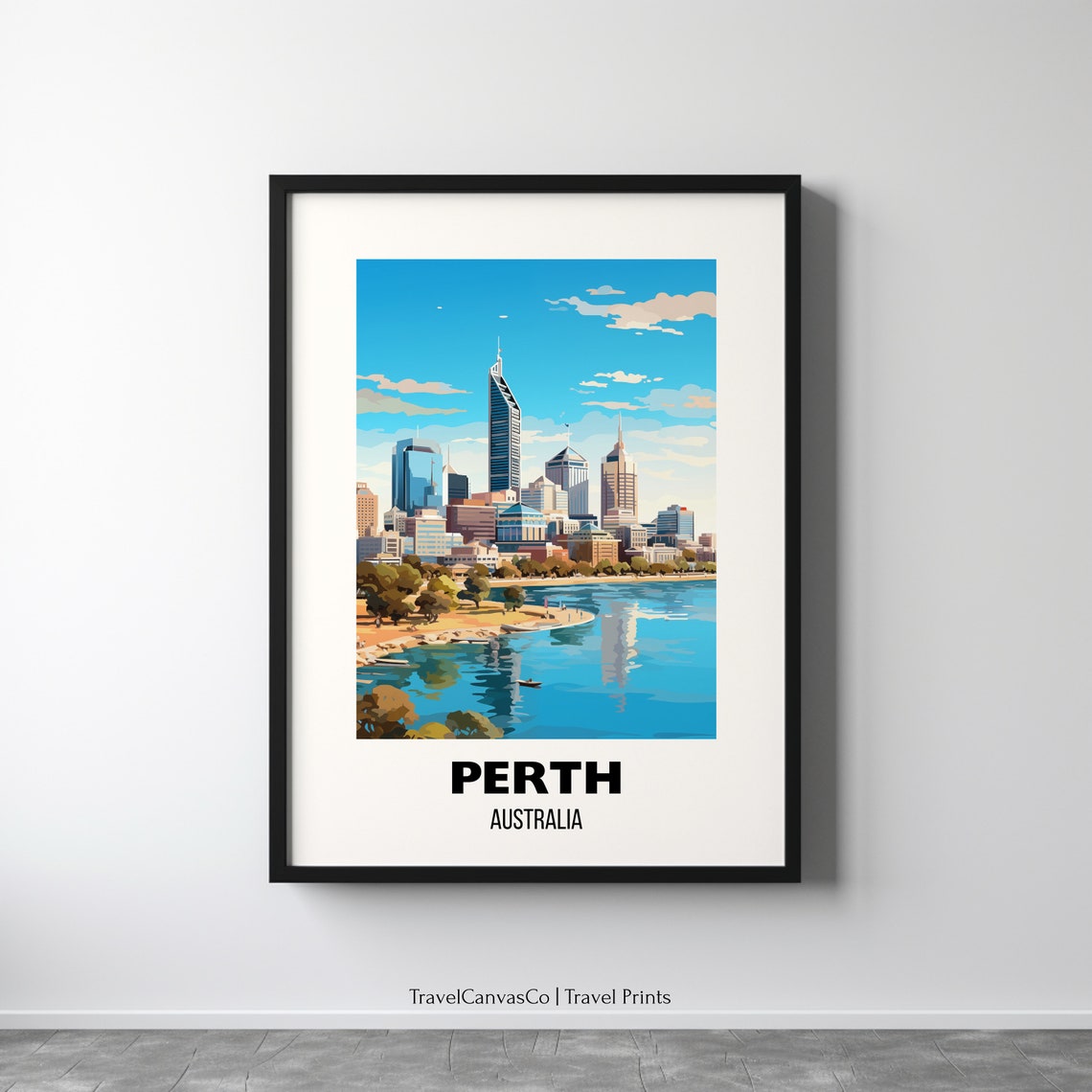 Perth Australia Modern Skyline On Swan River Sunny Travel Poster