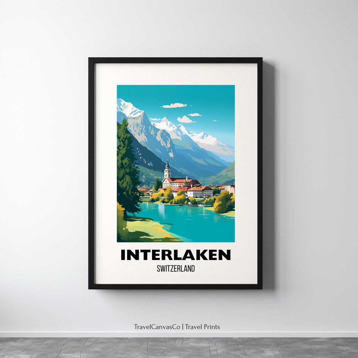 Interlaken Switzerland Alpine Lake Mountain Village Travel Poster