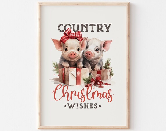 Country Christmas Wishes Two Piglets With Gifts Farmhouse Poster